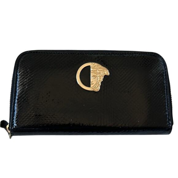 Authentic VERSACE Gold Half Medusa Logo Black Leather Long Zip Around Wallet - Picture 1 of 6
